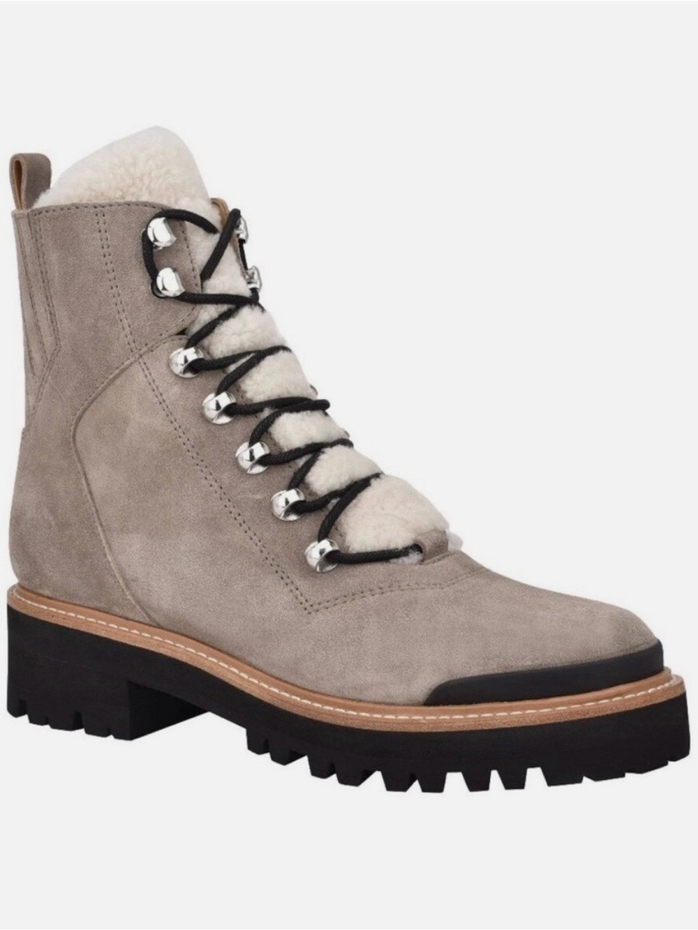 Marc Fisher Taupe Suede Shearling Lace-Up Lug Boot
